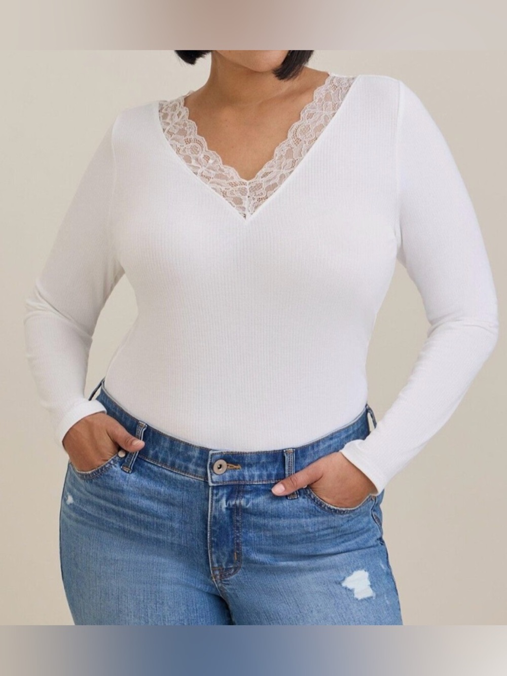 torrid Cream Lace-Trim V-Neck Long Sleeve Tee
